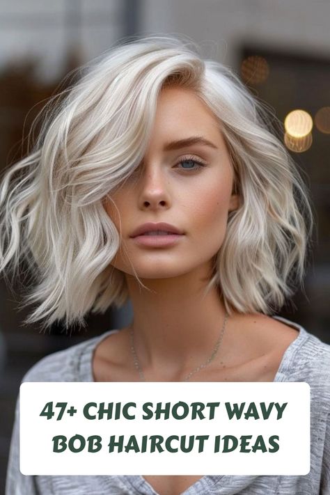 Sporting platinum blonde shades, this wavy bob offers a striking, high-contrast look that stands out. It’s a bold choice for those looking to make a significant impact with their hairstyle. #ShortHair Wavy Bob Haircut, Best Short Hair, Hairstyle Shorthair, Blonde Shades, Bob Haircut Ideas, Short Wavy Bob, Wavy Bob Haircuts, Wavy Bob Hairstyles, Wavy Bob