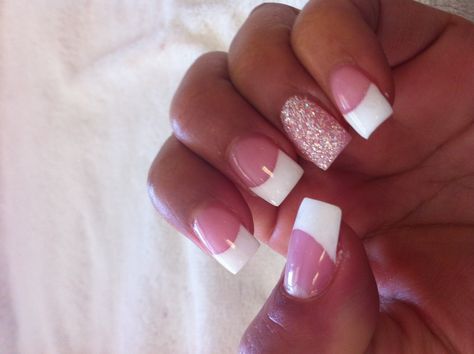 French nails with glitter ring finger French Nails With One Glitter Nail, Dip Powder Nails Wedding Guest, French Nails With Design On Ring Finger, French Tip Nails With Design Glitter, French Tip Nails With Glitter, French Manicure With Glitter, 2024 Predictions, Gel Nails Long, Nail Design Glitter