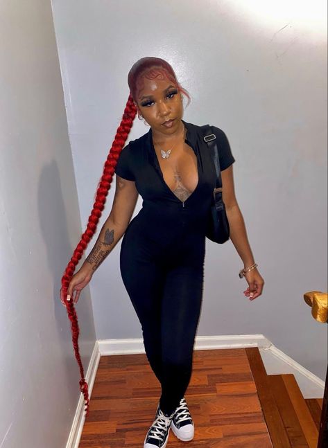 Slick Back Braided Ponytail Weave High, Long Red Braided Ponytail, Red Ponytail Braid, Cute Ponytail Braids, Red Braided Ponytail For Black Women, One Big Braid Ponytail, Red Slick Ponytail Weave, One Braided Ponytail, Red Ponytail Hairstyles For Black Women