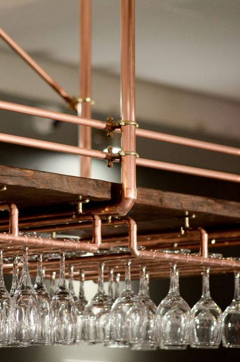 Copper Shelving - Steel Roots Design Copper Bar Shelves, Copper Piping Ideas, Copper Bar Design, Copper Restaurant Design, Copper Pipe Ideas, Copper Interior Design, Copper Shelves, Copper Shelving, Copper Restaurant