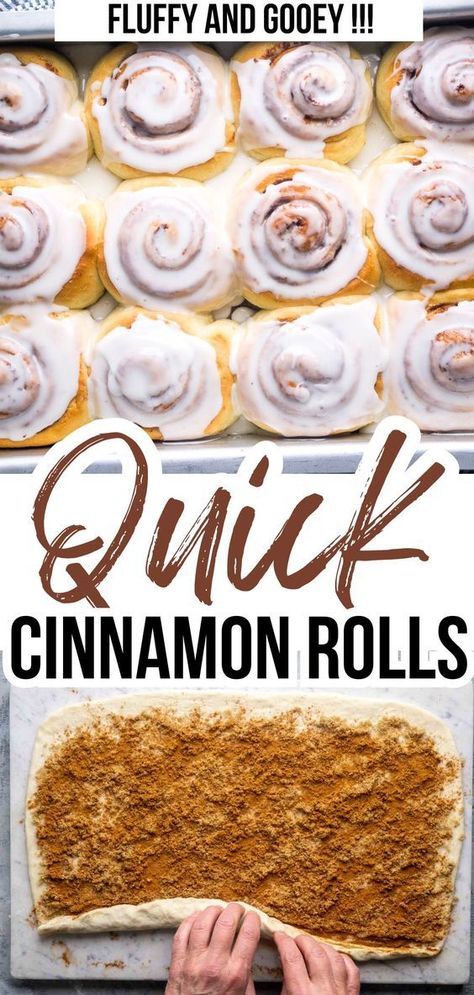 Make easy cinnamon rolls from scratch in under 90 minutes with this quick-rise dough baked to fluffy gooey perfection and drizzled with delicious glaze! How Made Cinnamon Rolls, Quick Baked Treats, One Rise Cinnamon Rolls, Homemade Cinnamon Rolls No Cream Cheese, Homemade Breakfast Cinnamon Rolls, Best Cinnamon Roll Dough Recipe, Fast Homemade Cinnamon Rolls, Best Easy Cinnamon Rolls Ever, How To Make Homemade Cinnamon Rolls Easy