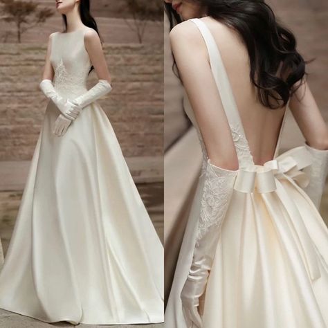 Minimalist Elegant Wedding Dress, Satin Wedding Gown A Line, Simple Wedding Gown Minimalist, Prom Dress With Open Back, Simple Wedding Gown, A Line Wedding Dress With Sleeves, Prom Dress Simple, Korean Wedding Dress, Elegant Bridal Dress