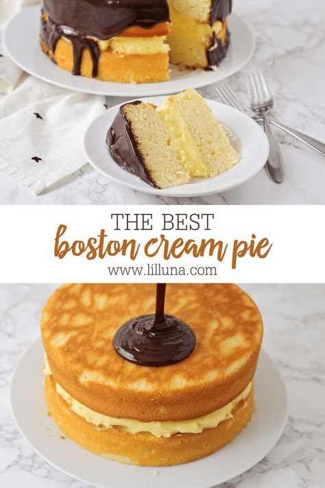 Old-fashioned Boston cream pie is a best-loved classic cake, not pie, that is utterly decadent and delicious! #bostoncreamcake #bostoncream #bostoncreampie #cake #dessert Recipe For Boston Cream Cake, Homemade Boston Cream Pie, Strawberry Boston Cream Cake, Boston Creme Cake, Boston Cream Pie Filling, Boston Cream Pie Cake, Boston Creme Pie, Boston Cream Pie Recipe, Boston Cream Poke Cake