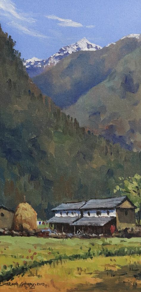 #acrylic #landscape #painting #pokhara #nepal #typical #nepali #house #mountain #hills #akash #gurung #art Nepal Village House, Nepali Landscape Painting, Nepal Landscape Painting, Nepali Art Paintings, Nepal Art Painting, Nepali Drawing, Land Scape Paintings Acrylics, Pokhara Nepal Photography, Nepali Wallpaper