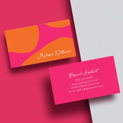 Get noticed with this bright and bold hot pink and orange abstract business card, just perfect for so many professions. Whether you are self-employed, work in a boutique or salon, or in a professional office building, this card is a winner! Personalize this fabulous card with your name on the front and business info on the back. The text template has a modern trendy font pairing of handwritten script mixed with contemporary sans serif. You can add or remove lines of text by selecting "edit using Logo Chat, Pink Business Card, Hello People, Text Template, Jewelry Instagram, Business Card Inspiration, Letterhead Design, Professional Office, Graphic Design Tools