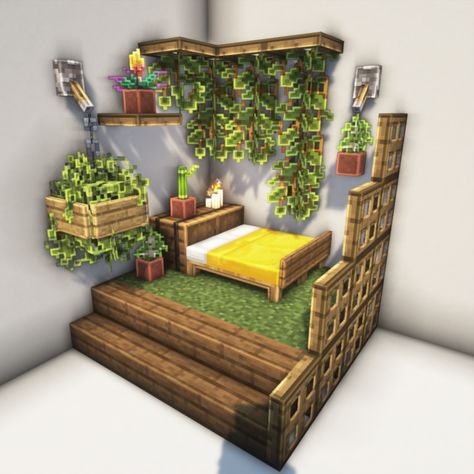 Easy Minecraft Bedroom Ideas, Loft Bedroom Minecraft, Minecraft Bedroom Ideas Survival, Minecraft Bedrooms In Game, Survival Bedroom Minecraft, Nature Bedroom Minecraft, 3 Bedroom Minecraft House, Small Bed Minecraft, Tiny Kitchen Minecraft