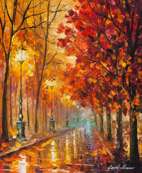 Leonid Afremov, Fall Palette, Paintings Famous, Painting Subjects, Red Tree, Autumn Painting, Oil Painting Flowers, Night Art, Famous Artists