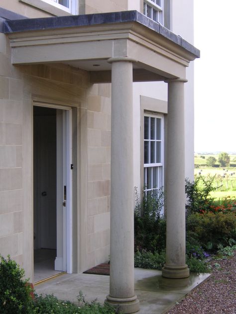 Portico Pillar Design, Stone Portico Front Entrances, Front Door Pillars Entrance, Stone Porch Ideas Entrance, Round Columns On Front Porch, Pillars Front Porch, Stone Pillars Porch, Stone Porch Columns, Porch With Pillars