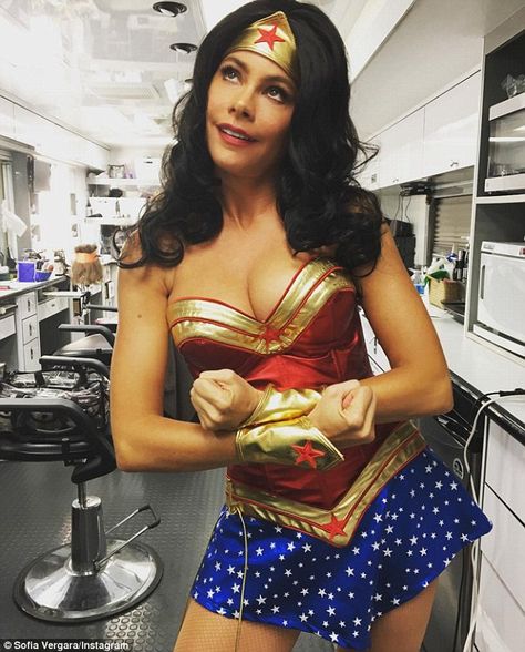 Sexy superhero! Sofia Vergara, 44, put on an eye-popping display as she nearly spilled out of a plunging Wonder Woman costume Wonder Woman Accessories, Wonder Woman Outfit, Wonder Woman Cosplay, Woman Costume, Wonder Woman Costume, Lynda Carter, Joe Manganiello, Wonder Women, Rain Jacket Women