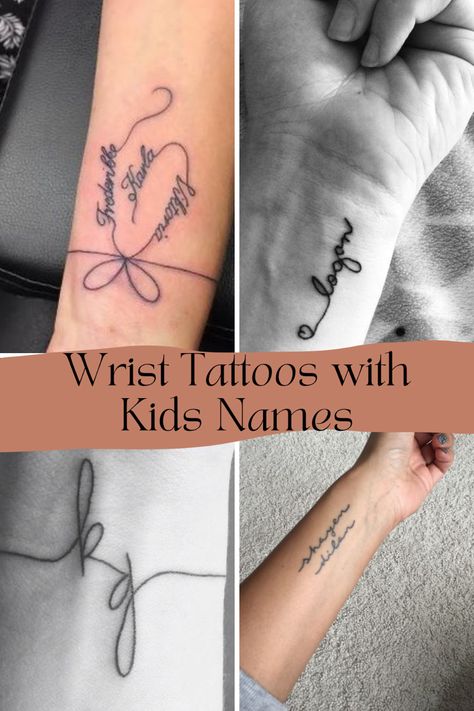 57 Sweetest Kids Name Tattoos + Ideas - TattooGlee Initials Tattoo On Wrist, Classy Tattoo Locations, Tatoo Mom 3 Kids, Tattoos For Moms Of 3, 4 Sons Tattoo For Mom, Small Mom Tattoos Mothers, Twin Name Tattoo Ideas, Tatoo Ideas For Kids, Tattoo Ideas Meaning Family