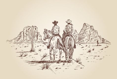 Two Cowboys Tattoo, Skeleton Cowboy Riding Horse Tattoo, Western Scene Drawing, Cowboy On Horse Tattoo, Cowboy Drawings, Az Tattoo, Horses Tattoo, Western Sketches, Western Drawings