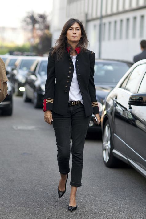 Emmanuelle Alt Style, Week Inspiration, Fashion Week Inspiration, Polo Shirt Outfits, Military Inspired Jacket, Emmanuelle Alt, Fashion Week Spring 2014, Dance Outfit, Casino Outfit