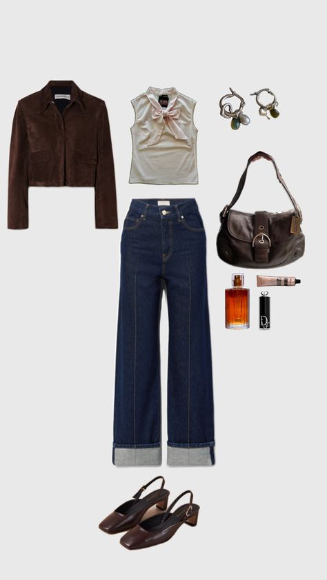 Brown cropped jacket and bag, blue jeans and a sleeveless blouse Outfit With Blouse, Blouse And Jeans Outfit, Sling Back Heels, Heels Outfits, Smart Casual Outfit, Jeans Outfit, Sling Back, Smart Casual, Jean Outfits