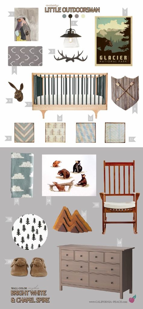 California Peach: Little Outdoorsman | Nursery   || Grey, White, Black, Baby Room, Rabbit Forestry Hook, Anthropologie, Caravan Crib, Outdoors, Camping, Camp, Nature, Yosemite, Glacier, Forest, Woodland, Woods, Marc Davis, Frontier Land, Bears, Disney, Wood, Bear, Bears, Clouds, Art, Antlers, Antler, Arrows, Arrow, Ikea, Natural, Craftsman, Girl, Boy, Neutral, Eco Friendly, Modern, Mythic Paint, Nursery, Baby Room, Inspiration, Decor, Interior Design, Style Board, Organic Outdoorsman Nursery, Modern Baby Nursery, Grey Nursery, Gender Neutral Nursery, Big Boy Room, Baby's Room, Nursery Inspiration, Baby Boy Rooms, Toddler Room