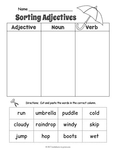 Free Printable Rainy Day Adjective Sorting Worksheet Adjectives Worksheet 2nd Grade, Nouns And Verbs Worksheets, Sorting Worksheet, Adjectives Worksheet, Adjectives Activities, Summer Homework, Wristband Template, Adjective Worksheet, Nouns And Pronouns