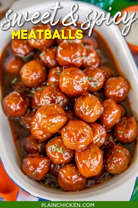 Sweet & Spicy Meatballs - only 4 ingredients! A little sweet, a little spicy, a whole lotta good! They taste great dipped in a little Ranch dressing. Frozen meatballs, brown sugar, buffalo sauce, and butter. Ready to eat in 20 minutes. Can also slow cook in the crockpot. Great for tailgating, potlucks, and holiday parties! #appetizer #partyfood #tailgating #meatballs #gameday March Madness Party Food, Sweet And Spicy Meatballs, Thanksgiving Appetizers Easy, Spicy Meatballs, Frozen French Fries, Crock Pot Meatballs, Plain Chicken, Frozen Meatballs, Slow Cook