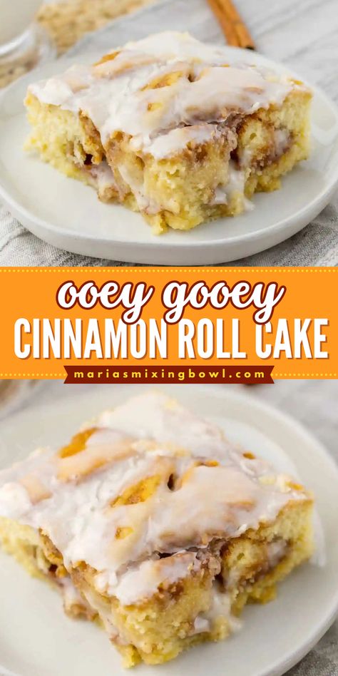 This Ooey Gooey Cinnamon Roll Cake is sure to wow your guests! With a moist cake, cinnamon filling, and vanilla glaze, it’s an easy recipe with simple ingredients and easy to make. A great cake idea and Christmas dessert to impress. Try it today! Cinnamon Roll Cake Using Box Cake, Cinnamon Roll Crumb Cake, Gf Cinnamon Roll Cake, Cinnamon Poke Cake Recipe, Cinnamon Roll Breakfast Cake, Homemade Cinnamon Roll Cake, Easy Cinnamon Roll Dessert, Cinnamon Pudding Cake, Cinnamon Swirl Cake Recipe