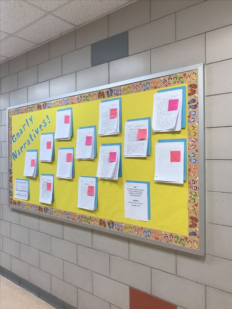 Narrative writing beach themed bulletin board. Gnarly narratives! Narrative Bulletin Board Ideas, Parts Of A Narrative Anchor Chart, Informational Writing Bulletin Board, Personal Narrative Hooks Anchor Chart, Narrative Writing Transition Words Anchor Chart, Student Work Bulletin Board, Writing Bulletin Boards, Reading Tree, Polka Dot Letters