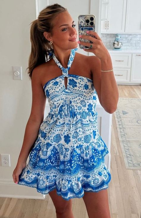 Bella Blu Mini Dress Beach Outfit Aesthetic Dress, Summer Strapless Dress, Blue Beachy Dress, Trendy Summer Dress, Sorority Pref Day Dresses, Blue And White Sundress, Blue Dress Beach, Pretty Dresses Summer, Dresses Vacation