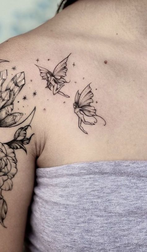 Twin Fairy Tattoos, Cool Fairy Tattoos, Fairy With Butterfly Wings Tattoo, Emo Fairy Tattoo, Enchanted Forest Tattoo Fairies, Fairy Tattoo Shoulder, Fairy Collar Bone Tattoo, Flying Fairy Tattoo, Fairy Floral Tattoo