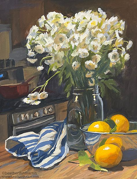 Feverfew and Lemons by Heather Martin, gouache, 14 x 11 Heather Martin, Igcse Art, Lisianthus Flowers, Farmers Market Flowers, Peruvian Lilies, Gerbera Daisy, Gcse Art, Painting Studio, Black Eyed Susan