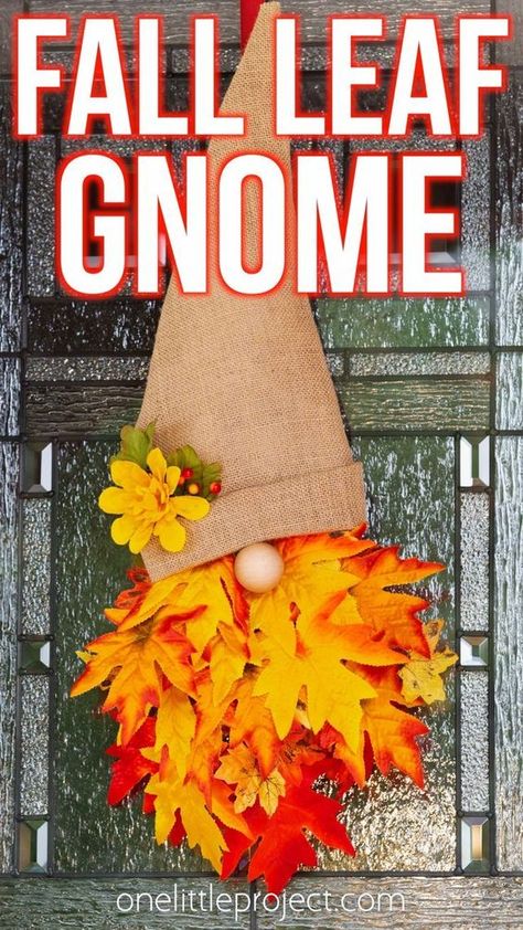 This fall gnome wreath is SO CUTE! Make a burlap gnome hat and create a beard out of autumn leaves to make this fall wreath. It's such a fun fall craft for teens, adults, and seniors. Hang your gnome wreath on the front door or above the mantle for a Halloween or Thanksgiving decoration! Gnome Wreath Diy, Fall Gnome Wreath, Fall Crafts For Adults, Autumn Leaves Craft, Gnome Wreath, Fall Leaf Wreaths, Fall Decor Wreaths, Fall Decor Diy Crafts, Fun Fall Crafts