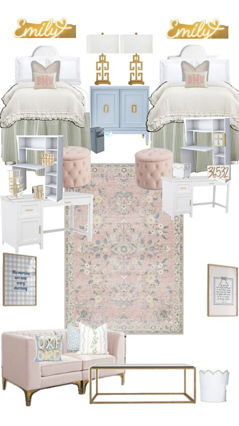 Dorm Room Old Money, Tcu Dorm Room Ideas, Pink And Green Dorm Room Ideas, Green And Pink Dorm, Pastel Dorm Room, Tcu Dorm, Sorority House Rooms, Dorm Room Pink, College Dorm Inspo