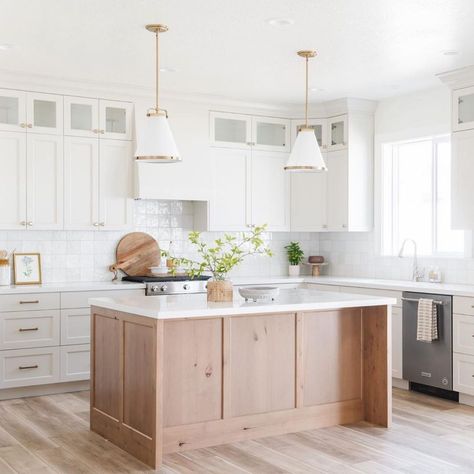 Bedrosians Tile and Stone on Instagram: “What a clean and beautiful space designed by @blueandcodesign with photography by @rebekahwestoverphotography . . . . #bedrosians…” White Oak Two Tone Kitchen, White Kitchen Cabinets With Oak Island, White And Wood Kitchens, Wood Island Kitchen, Kitchen Island End Panels, 2024 Kitchens, Kitchen Island Ends, Island Remodel, Two Toned Kitchen Cabinets