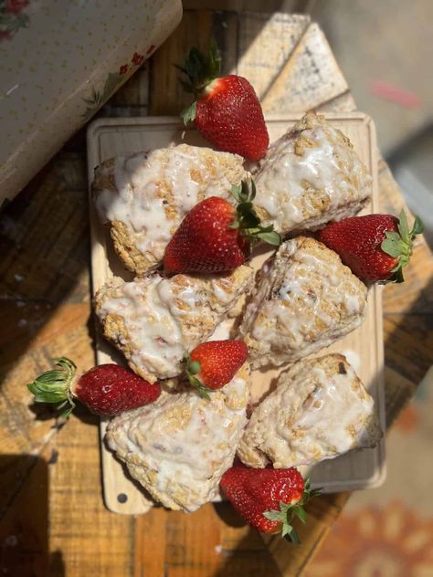 Strawberries n' Cream Scones - Acts Of Sourdough Strawberries N Cream, Lavender Scones, Sourdough Scones, Spring Breakfast, Scones Ingredients, Bakery Items, Cream Scones, Sourdough Discard Recipes, Brunch Table