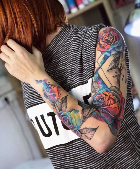 Colourful Sleeve Tattoo For Women, Colorful Womens Tattoos, Full Sleeve Tattoos Women Color, Half Sleeve Color Tattoos For Women, Sleeve Tattoos Colorful, Cool Sleeve Tattoo Woman, Colored Sleeve Tattoo, Color Sleeve Tattoos, Tattoo Sleeve Women Color