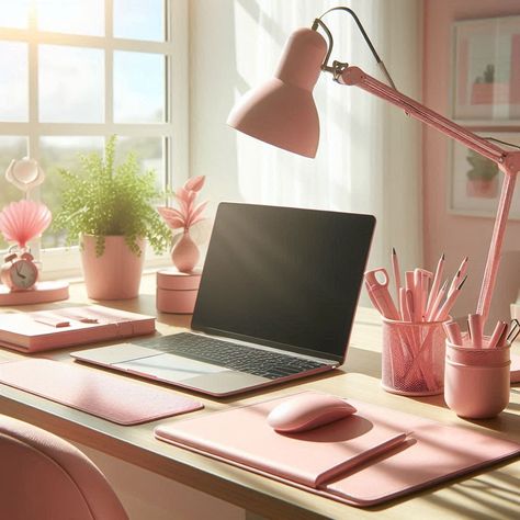 Pink Office Pink Study Aesthetic, Pink Office Ideas, Pink Study, Pink Office Supplies, Pink Office Chair, Pink Accent Walls, Pink Desk, Pink Office, Accent Wall Paint