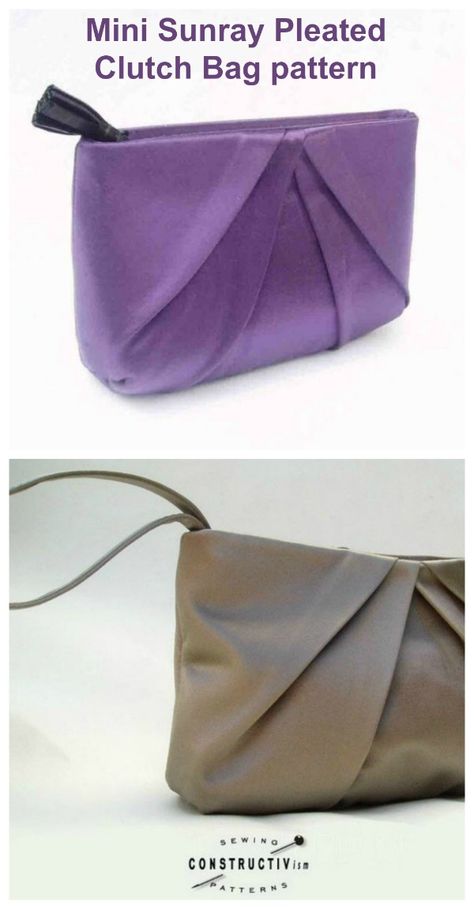 Clutch bag sewing pattern. This clutch bag to sew has a sunken recessed zipper closure and a pretty pleated design. Sew a clutch bag or add the optional strap for a wristlet bag to sew. Sewing pattern for a DIY clutch bag or evening bag with a pleated front and wristlet strap. #SewABag #BagSewingSupplies #SewAClutchBag Evening Bag Sewing Pattern, Diy Purse Patterns, Diy Clutch Bag, Clutch Sewing, Recessed Zipper, Clutch Bag Pattern, Fancy Clutch, Bag Sewing Patterns, Purse Sewing