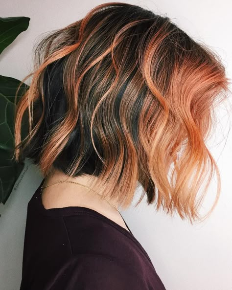 Coral Hair, Balayage Short, Orange Highlights, Red Balayage, Fall Hair Color Trends, Hair Balayage, Short Hair Balayage, Short Wavy Hair, Short Wavy