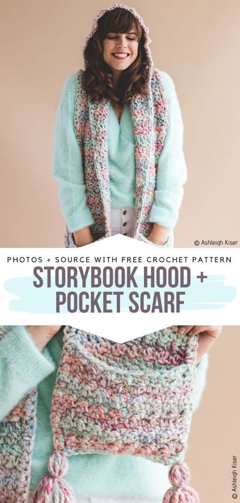 Storybook Hood + Pocket Scarf Free Crochet Pattern Chunky and fluffy is what we like best when it comes to winter accessories. This versatile design definitely is not only that, but also much more! A hood, a scarf and two capacious pockets all in one. What more can a winter girl dream of? #crochetscarf #crochethoodedscarf #crochetwinter Fluffy Crochet Scarf, Baby Costumes For Halloween, Crocheted Scarfs, Crochet Hooded Scarf Pattern, Hooded Scarf Pattern, Crocheted Clothing, Winter Patterns, Crochet Baby Costumes, Crochet Pocket