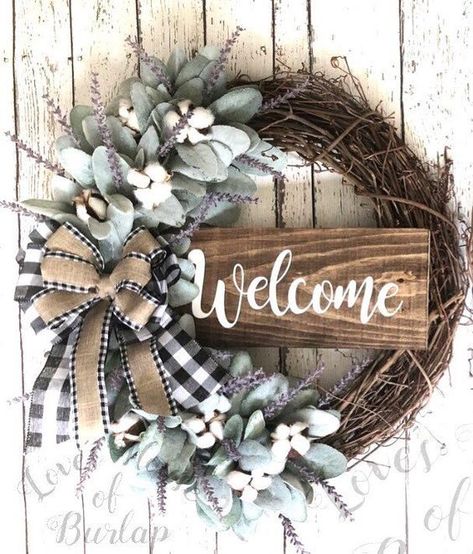 Front Door Wreaths For All Year Round - DianneDecor.com Buffalo Check Decor, Buffalo Plaid Christmas Decor, Lambs Ear Wreath, Vine Wreath, Door Wreaths Diy, Cotton Wreath, Christmas Decorations Wreaths, Wreath Rustic, Beautiful Farmhouse