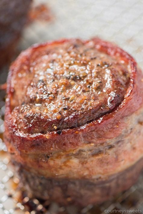 This bacon wrapped filet mignon will wow your dinner guests. Nicely seared on the outside with a beautiful pink inside on this air fryer filet mignon with bacon! Filet In Air Fryer, Bacon Wrapped Filet Mignon, Air Fryer Recipes Bacon, Bacon Wrapped Steak, Air Fry Bacon, Bacon Wrapped Beef, Bacon Wrapped Filet, Smothered Pork Chops Recipe, Filet Mignon Recipes