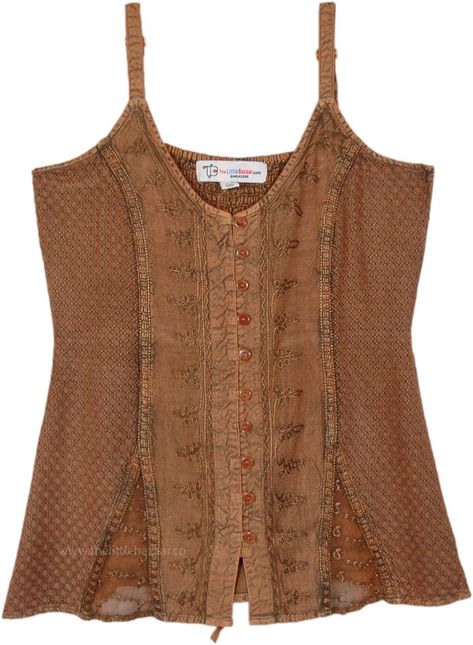 A gorgeous lustrous brown scooped v-neck soft rayon top. It`s in a tank top style with some delicate embroidery featured all over and all buttoned style. #tlb #Embroidered #bohemianfashion #Haltertop #fairytop #renaissancetop #oldstyletop 1970s Tops Women, Cute Brown Shirts, Whimsigoth Tank Top, Brown Tank Top Outfit, Earthcore Outfits, Hippy Tops, Indie Tank Top, Earthy Aesthetic Fashion, Tank Top Over Shirt