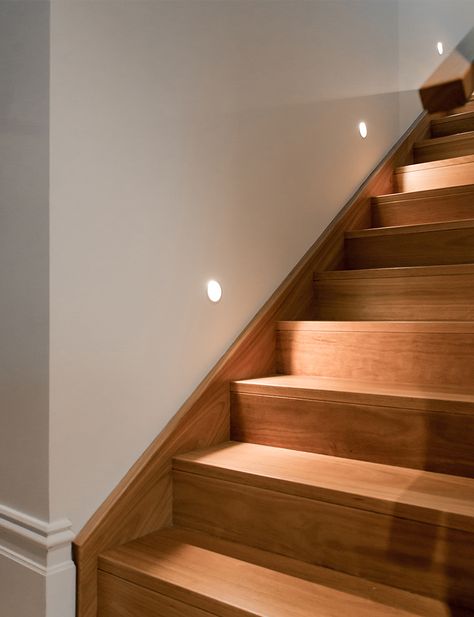 Stair Tread Lighting, Wood Railings For Stairs, Stair Renovation, Stairs Stringer, Stair Lights, Stair Lighting, Home Stairs Design, Wood Stairs, Hallway Lighting