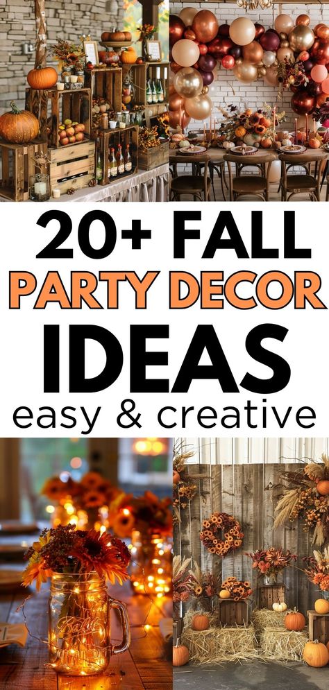 Amazing fall party decor ideas for your next fall party. Whether you are having an outdoor fall event or an indoor dinner party, these fall decoration ideas are sure to inspire. Fall home decor, fall party decor, even ideas for fall party gifts that can also be decorations. You will find it all! Rustic Fall Party Ideas, Fall Retirement Party Decorations, Fall Bbq Party Decorations, Fall Party Decorating Ideas, Autumn Dance Decorations, Fall Party Photo Booth, Fall Potluck Decoration Ideas, Fall Event Decor Ideas, Autumnal Party Decor