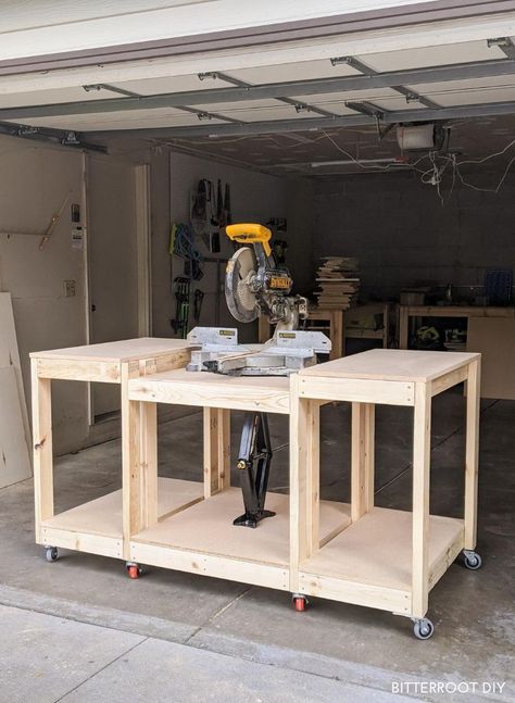 Grab plans to build this all-in-one workbench with a hideaway miter saw. It's perfect for small shops or garages where you don't have room for a permanent miter saw station.    #woodworking #woodshop #shoporganization #shopideas #workbench Diy Miter Saw Stand, Diy Bathroom Vanity Makeover, Diy Bar Stools, Saw Table, Miter Saw Table, Mobile Workbench, Workbench Plans Diy, Diy Table Saw, Carpentry Workshop