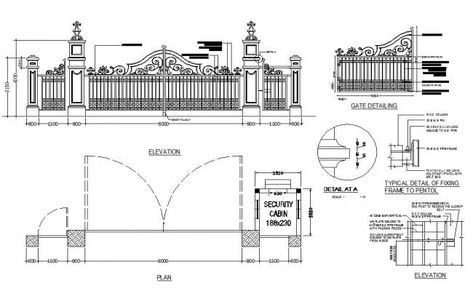 Main gate and fence elevation, plan and installation details dwg file Elevation Details, Architect Data, Architecture Symbols, Fence Planning, Square House Plans, Square House, Architectural Plan, Cornice Design, Gates Design