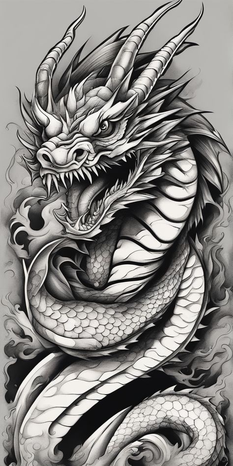 This is an image of a black and grey dragon tattoo design. The fierce and intricate dragon image brings an intense presence to the otherwise blank canvas. The style is monochromatic, adding a timeless aesthetics. Golden Dragon Tattoo, Realistic Dragon Drawing, Flying Phoenix Tattoo, Chest Tattoo Stencils, Dragon Tattoo Drawing, Asian Dragon Tattoo, Dragon Tattoo Sketch, Dragon Tattoo Ideas, Dragon Tattoo Art