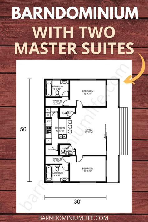 Having a barndominium with 2 master suites can tailor to many different needs. Maybe you have an elderly parent you take care of or a child with special needs. Whatever the case, having 2 master bedrooms may be exactly what you need. Check out these barndominium floor plans with 2 master suites to see which one meets your needs the most. #barndominiumliving #barndominiumfloorplans #barndo 2 Bedroom Addition Plans, 2 Master House Plans, Barndominium Floor Plans With Two Master Bedrooms, Barndominium Floor Plans 2 Bed 2 Bath, Barndominium 2 Bedroom Floor Plans, Home Plans With Two Master Bedrooms, Barndominium Ideas Small Floor Plans, Small One Story Barndominium Floor Plans, 2 Br Barndominium Floor Plans