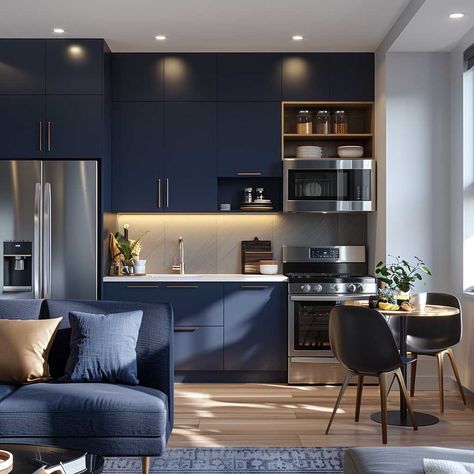 14+ Elegant Studio Kitchen Ideas in Classic Navy Blue • 333+ Art Images Navy Blue Kitchen Cabinets Small Spaces, Navy Contemporary Kitchen, Kitchen Ideas Navy Blue, Studio Kitchen Ideas, Living Room Kitchen Combo, Navy Kitchen Cabinets, Kitchen Countertop Ideas, Kitchen Flooring Options, Inspiring Lifestyle