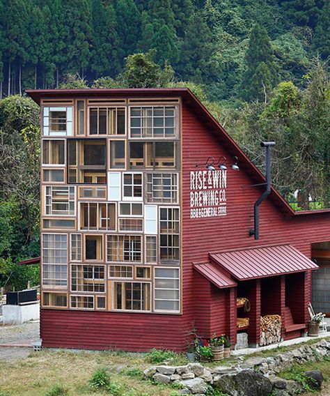 NAP architects uses recycled materials to build brewery for 'zero waste' town in japan Reused Architecture, Recycled Building, Buildings Made From Recycled Materials, Reused Materials Architecture, Reused Building Materials, Recycled Building Materials Architecture, Recycled Windows, Recycled House, Houses In Japan