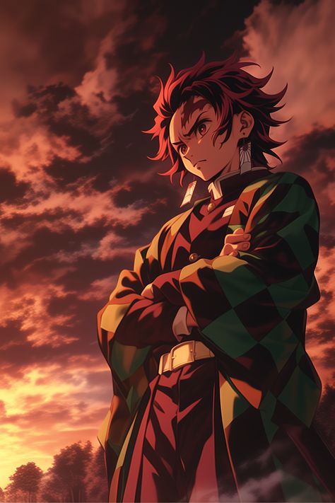 Tanjiro Kamado from Demon Slayer standing against a fiery sunset, perfect anime pfp, 4K wallpaper Anime Epic Wallpaper, Demon Slayer Yoriichi Wallpaper, Anime Pfp Manga, Anime Tanjiro, Anime Logo, Sunset Backdrop, Fiery Sunset, Pfp Manga, Samurai Wallpaper