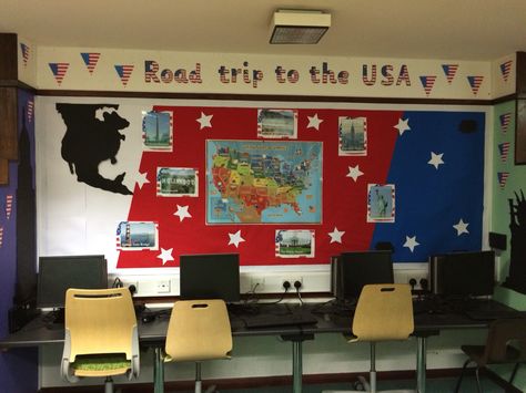 Road trip to the USA classroom display! Classroom Decor Social Studies, Road Tripping Through History Bulletin Board, United States History Classroom Decor, Usa Classroom Theme, Capture The Flag Classroom, U.s. History Classroom Decor, Indian In The Cupboard, Travel Theme Classroom, English Corner