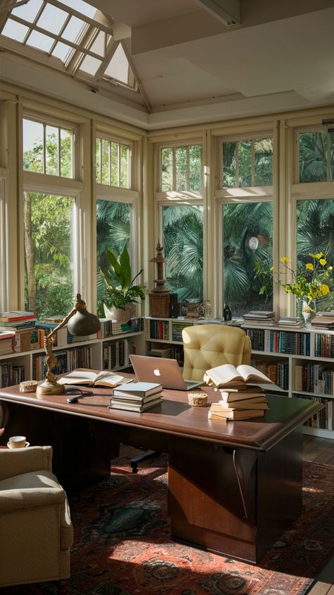 Create a classy sunroom office with timeless decor and ample natural light. Use elegant furniture and sophisticated accents to transform your space into a productive and stylish work environment. #sunroom #officeinspo #classyroomdecor #elegantoffice #homedécor #officeorganizationtips #naturalight #officecolors #decoration #homeofficeideas Office Ideas Women Work Spaces, Working Room Aesthetic, Whimsical Home Office, Open Concept Home Office, Light Academia Office, Washrooms Ideas, Office Sunroom, Whimsical Office, Loft Home Office