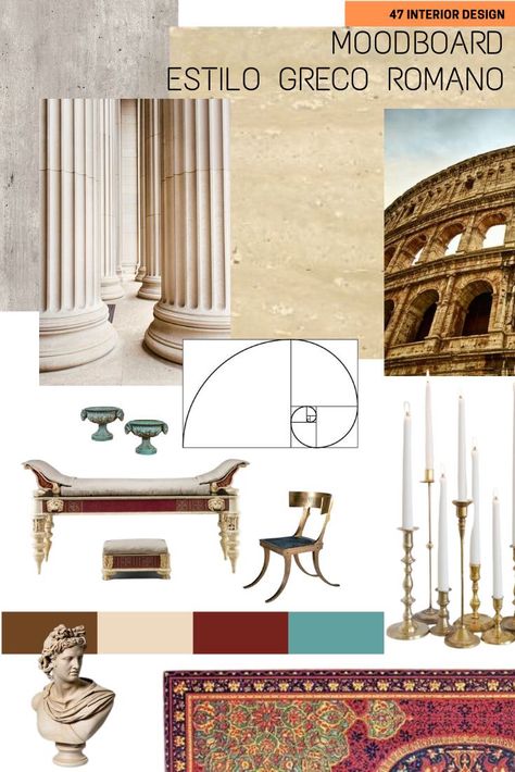 Greek Interior Design, Italian Classic Furniture, Neoclassic Interior, Greek Decor, Design Mood Board, Inspiration Board Design, Roman Architecture, Organic Decor, Interior Design Mood Board