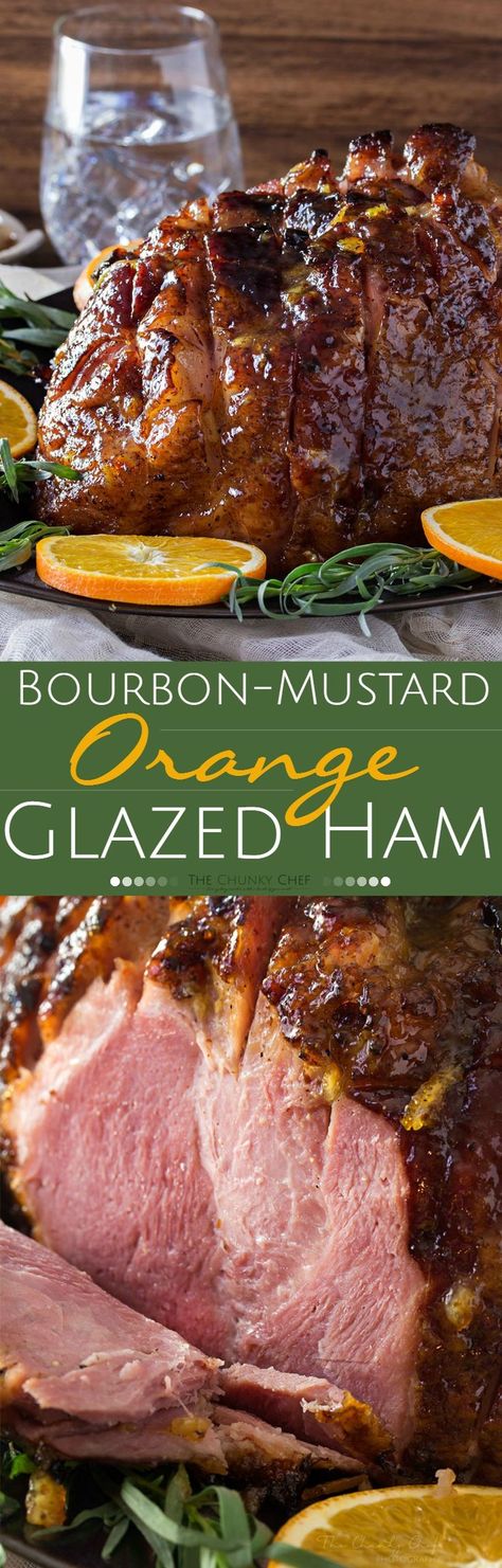 Bourbon Mustard Orange Glazed Ham | Sticky, sweet, tangy, and full of flavor... this bourbon mustard and orange glazed ham is one that you'll be happy to have as the star of your holiday meal! | http://thechunkychef.com Bourbon Mustard, Orange Glazed Ham, The Chunky Chef, Chunky Chef, Glazed Ham, Mustard Orange, Ham Glaze, Baked Ham, Holiday Meal